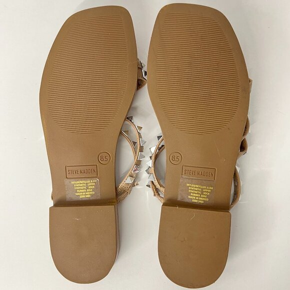 NWOT Sz 8.5 - Steve Madden Skyler Silver Stud 4-Strap Tan Slip-On Sandals - Picture 10 of 13